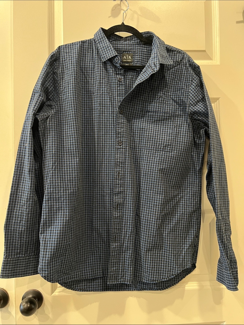 A/X Armani Exchange Men's Navy & Light Blue Micro-Check Button-Down Shirt Sz L
